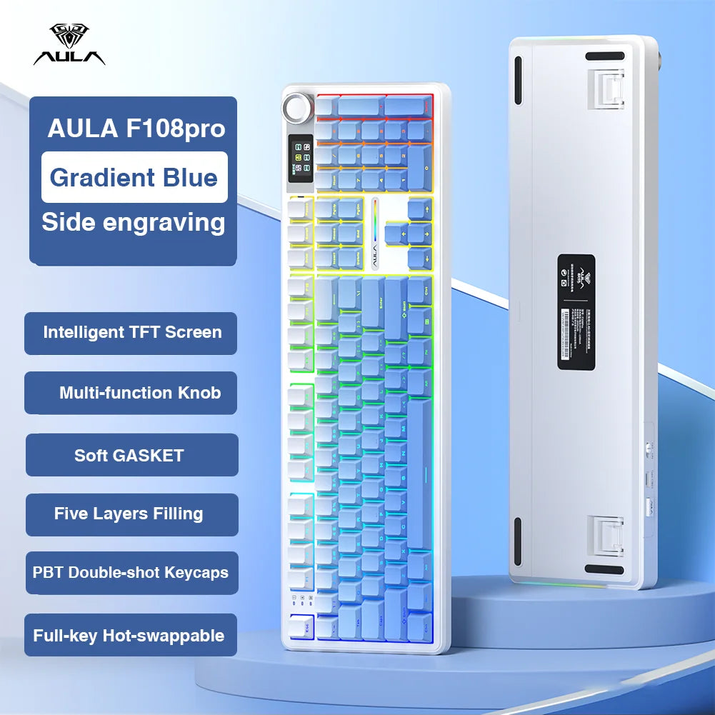 AULA F108pro Wireless Bluetooth Keyboard Macro Gaming keyboard Gasket Hot-swap Full Size Keyboard with TFT Smart Display