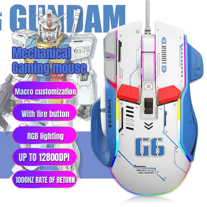 FreeWolf G6 Wired Mechanical Gaming Mouse 12800 DPI RGB Backlit Macro Ergonomic Mecha Design Ergonomic Gaming Office